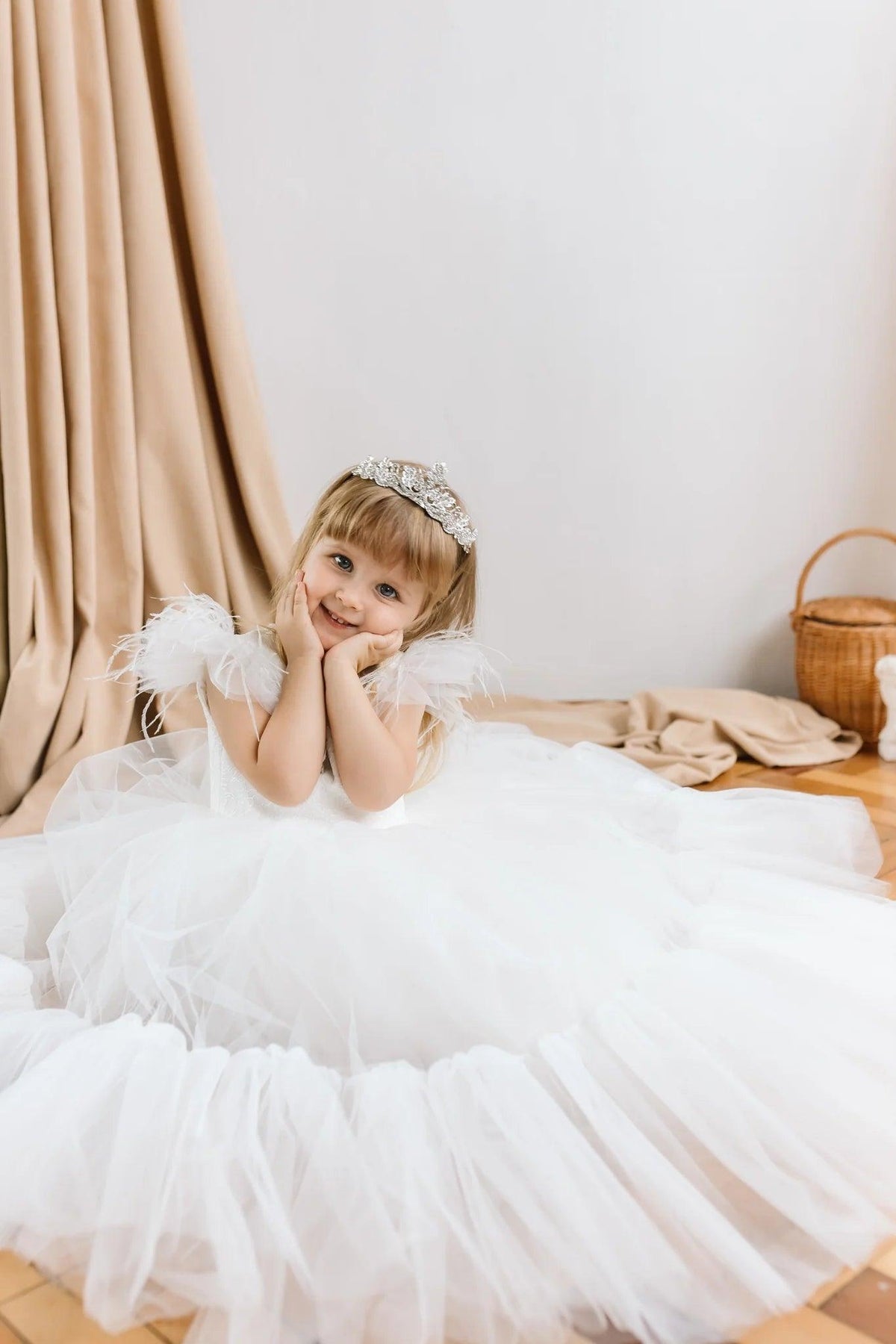 Jill Wish Elegant Champagne Girl Dress Feathers Princess Gown J169