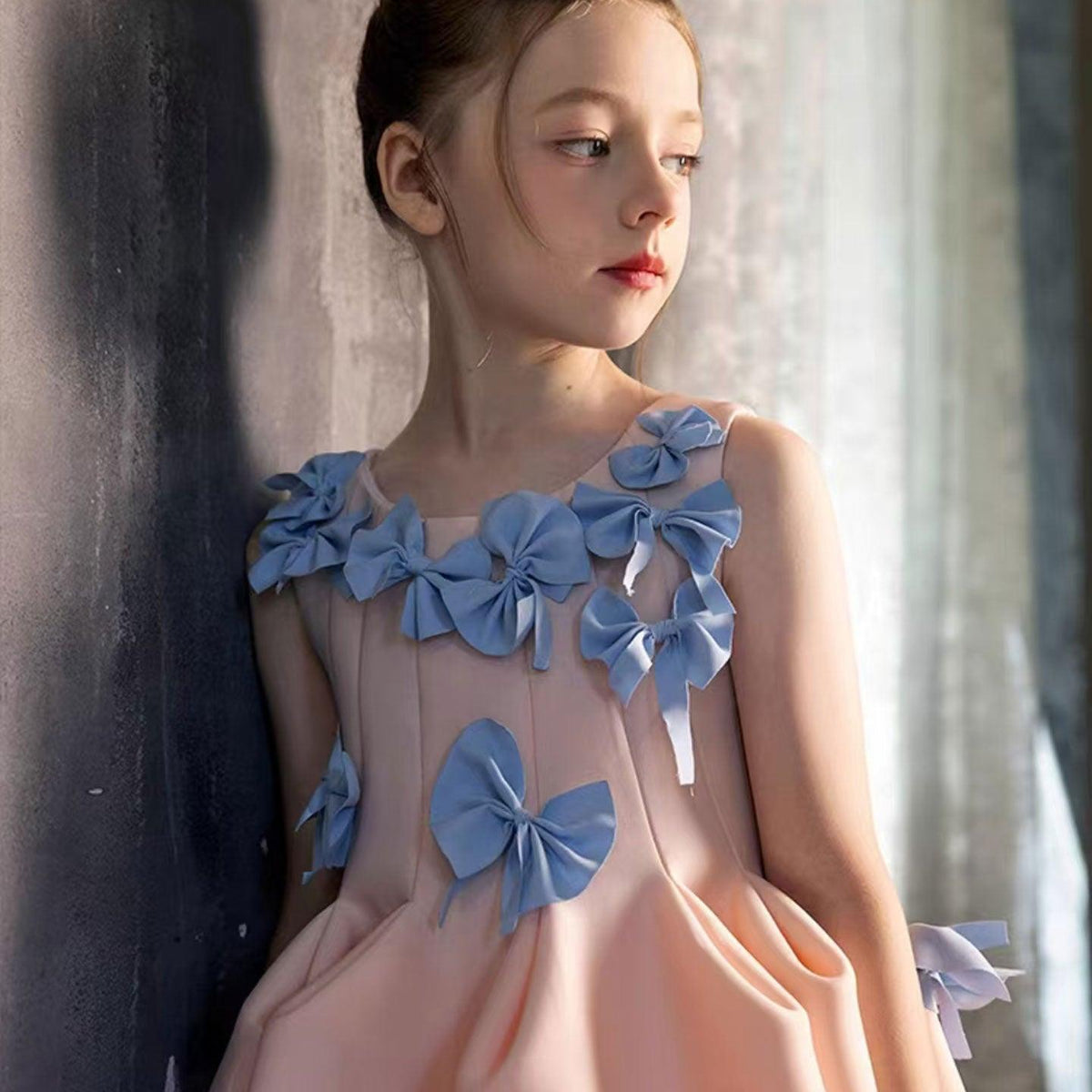 Jill Wish Elegant Dubai Pink Girl Dress with Bow Kids Sleeveless J370