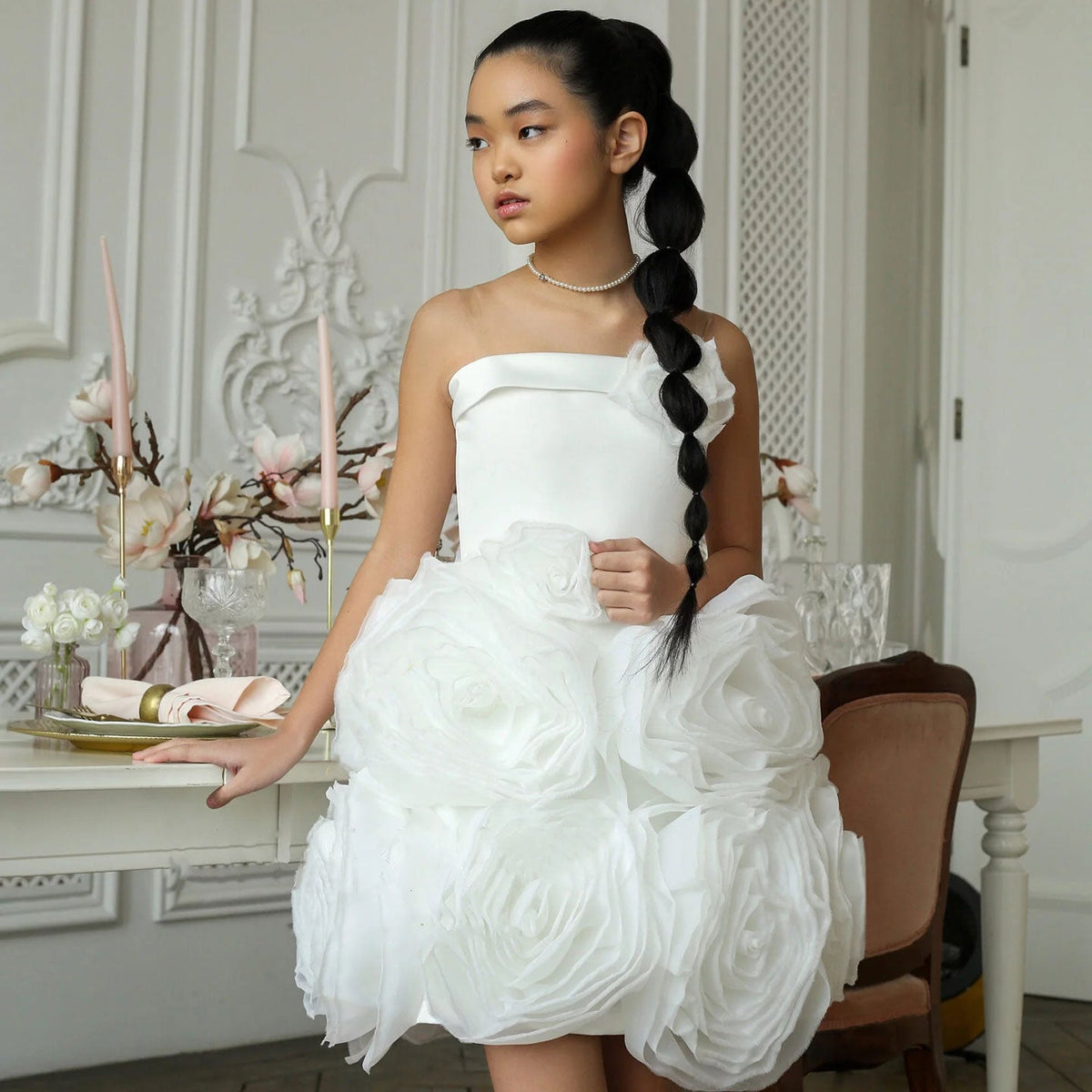 Jill Wish Elegant Fuchsia Girl Dress with Handmade Flowers White Birthday Gown J157