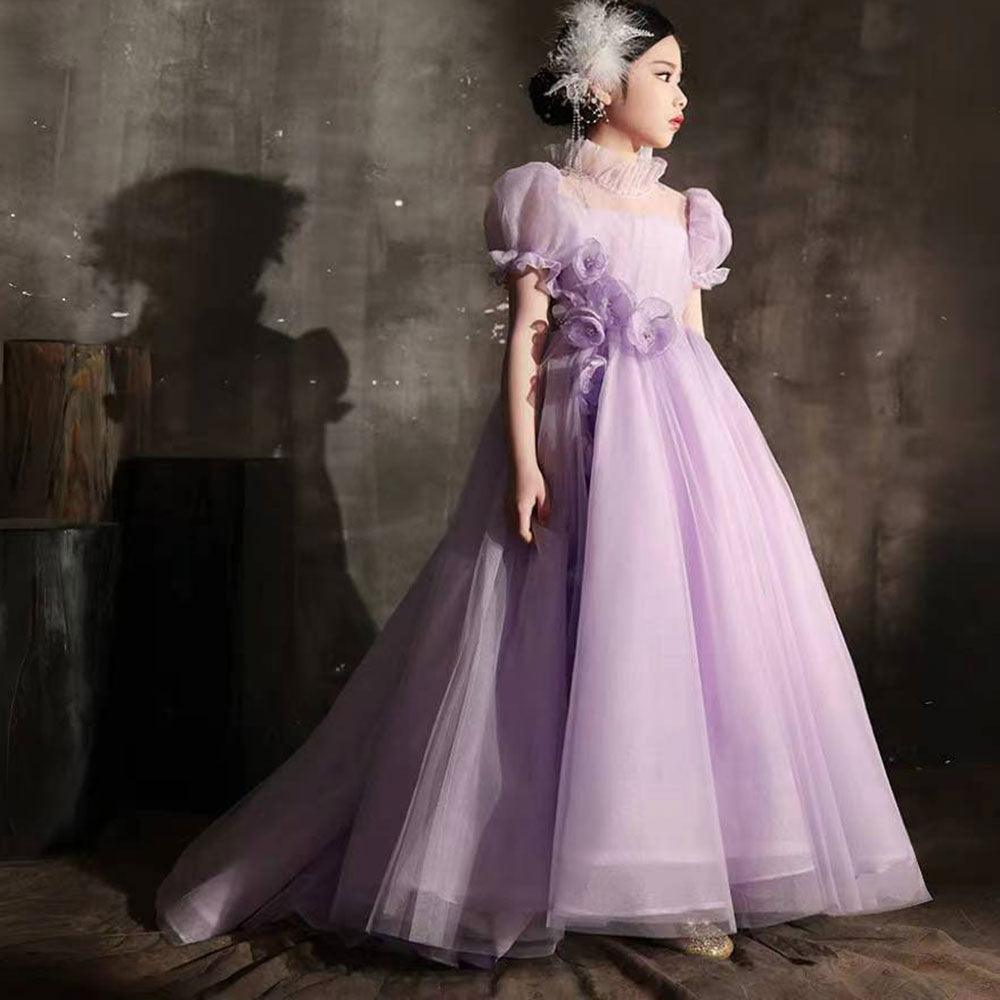 Jill Wish Elegant Lilac Dubai Girl Dress Handmade Flowers Kids Princess J262