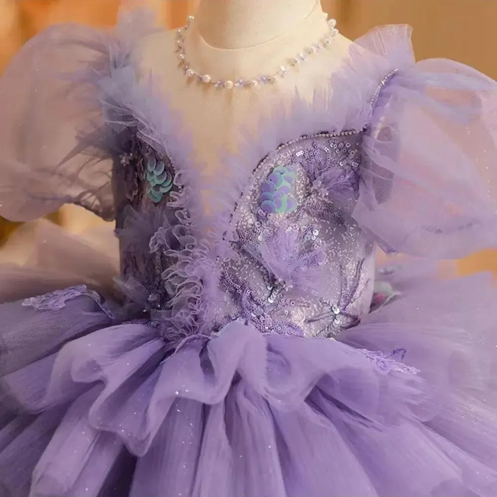 Jill Wish Elegant Luxury Lilac Girl Dress Beading Arabic Princess Kids J244