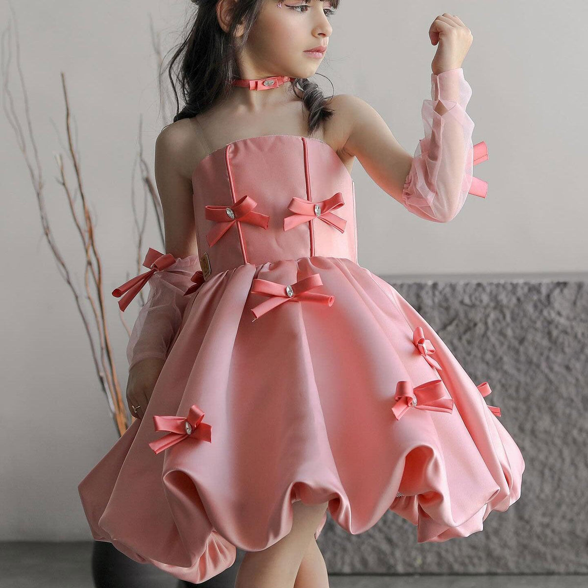 Jill Wish Elegant Pink Arabic Flower Girl Dresses with Glove Dubai Backless J100