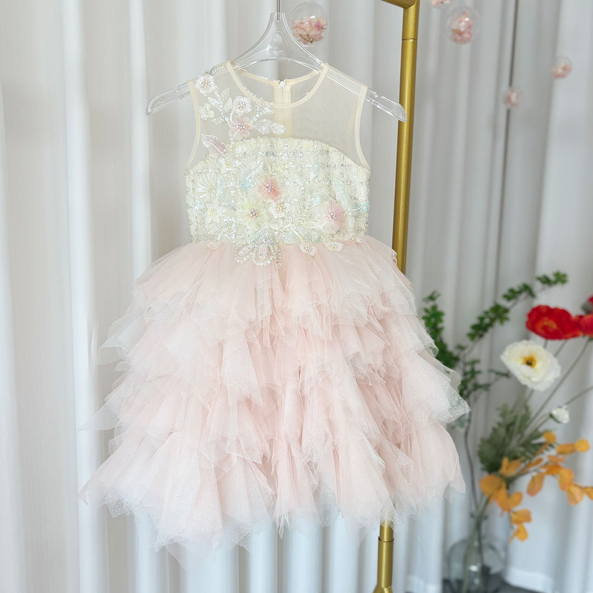 Jill Wish Elegant Pink Beading Birthday Girl Dress Knee Length J182
