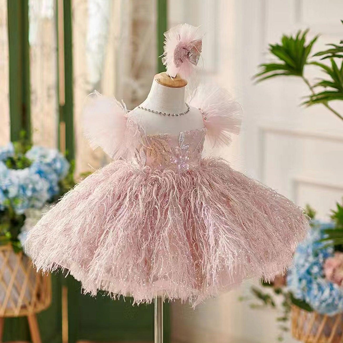 Jill Wish Elegant Pink Flower Girl Dresses with Hairband Feathers J082
