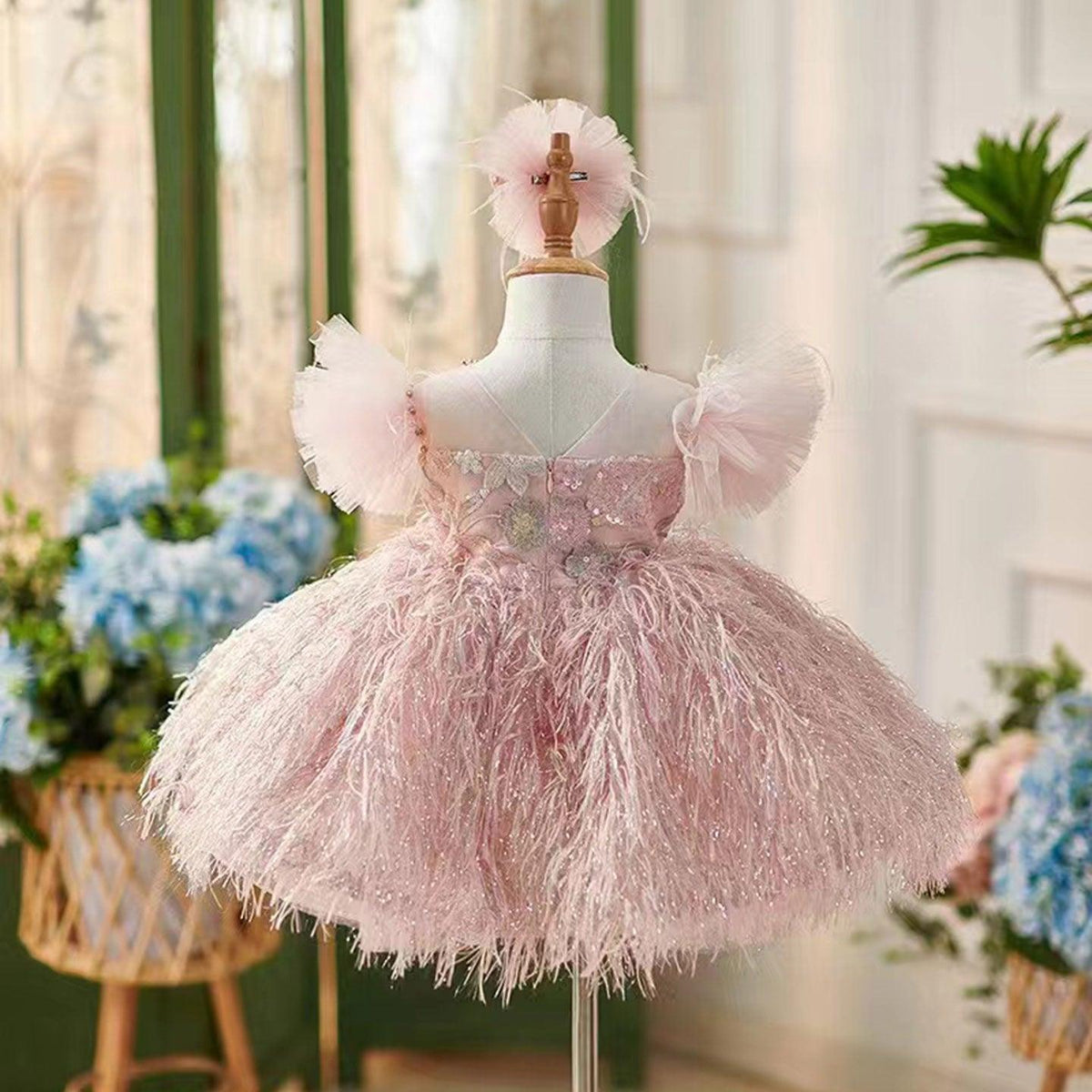 Jill Wish Elegant Pink Flower Girl Dresses with Hairband Feathers J082