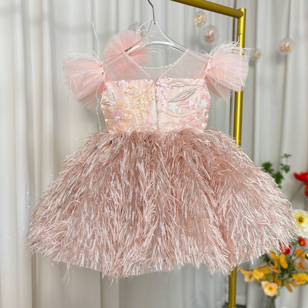 Jill Wish Elegant Pink Flower Girl Dresses with Hairband Feathers J082