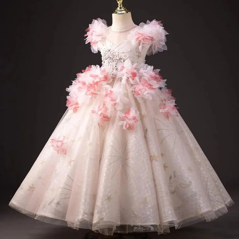 Jill Wish Elegant Pink Girl Dress Beaded 3D Flowers Pearls Arabic Princes J377