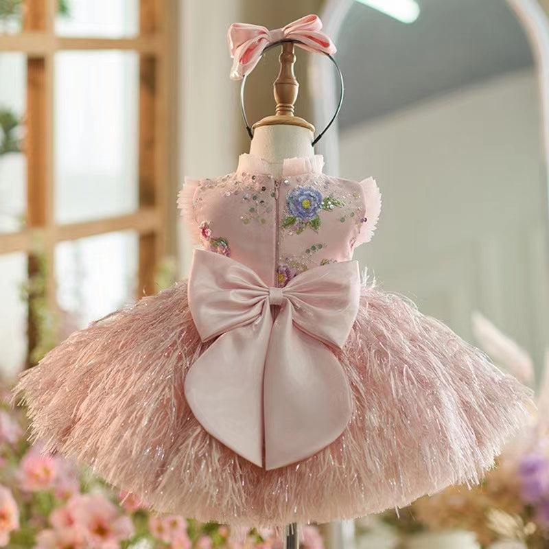 Jill Wish Elegant Pink Lace Feathers Girl Dress Knee Length with Bow J164