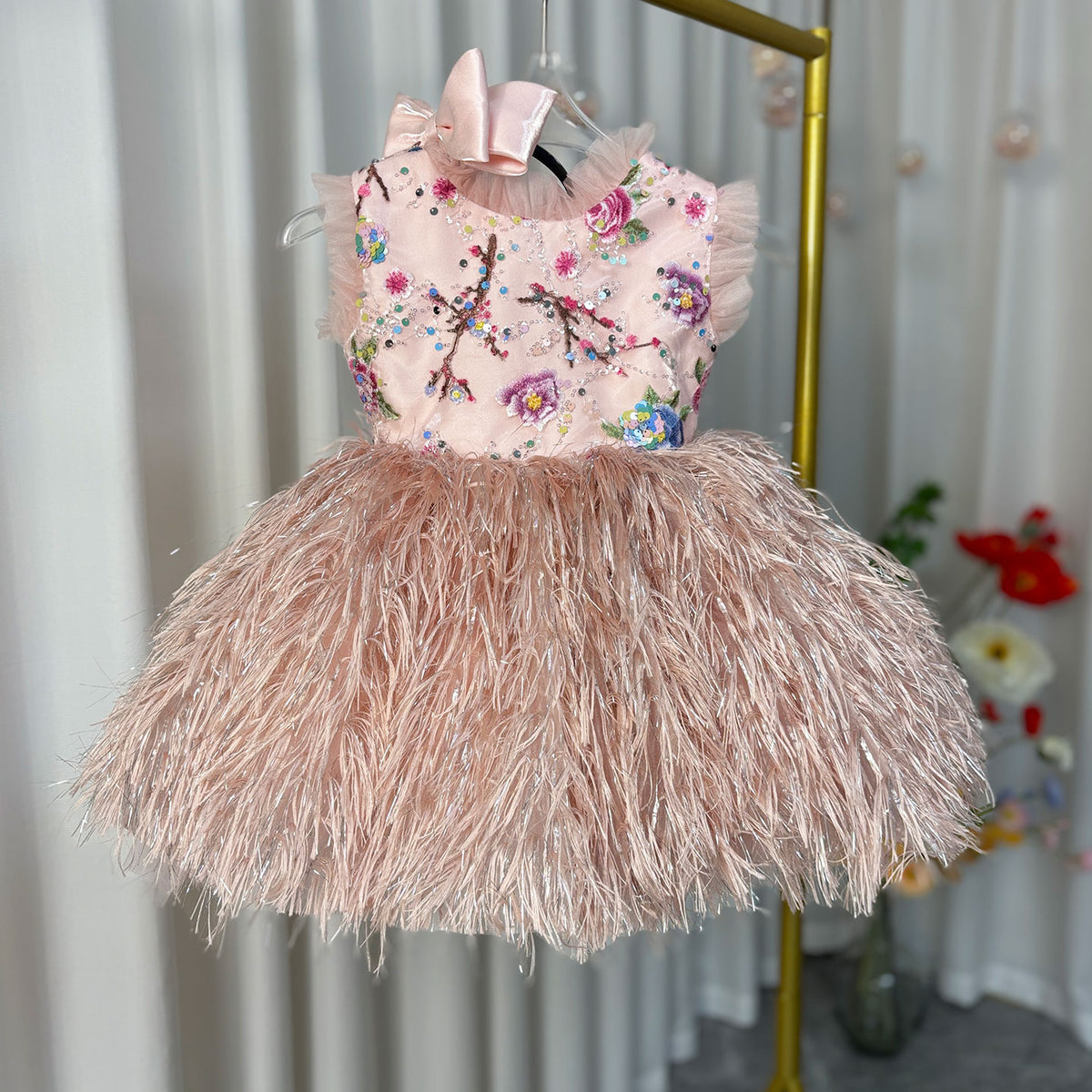 Jill Wish Elegant Pink Lace Feathers Girl Dress Knee Length with Bow J164