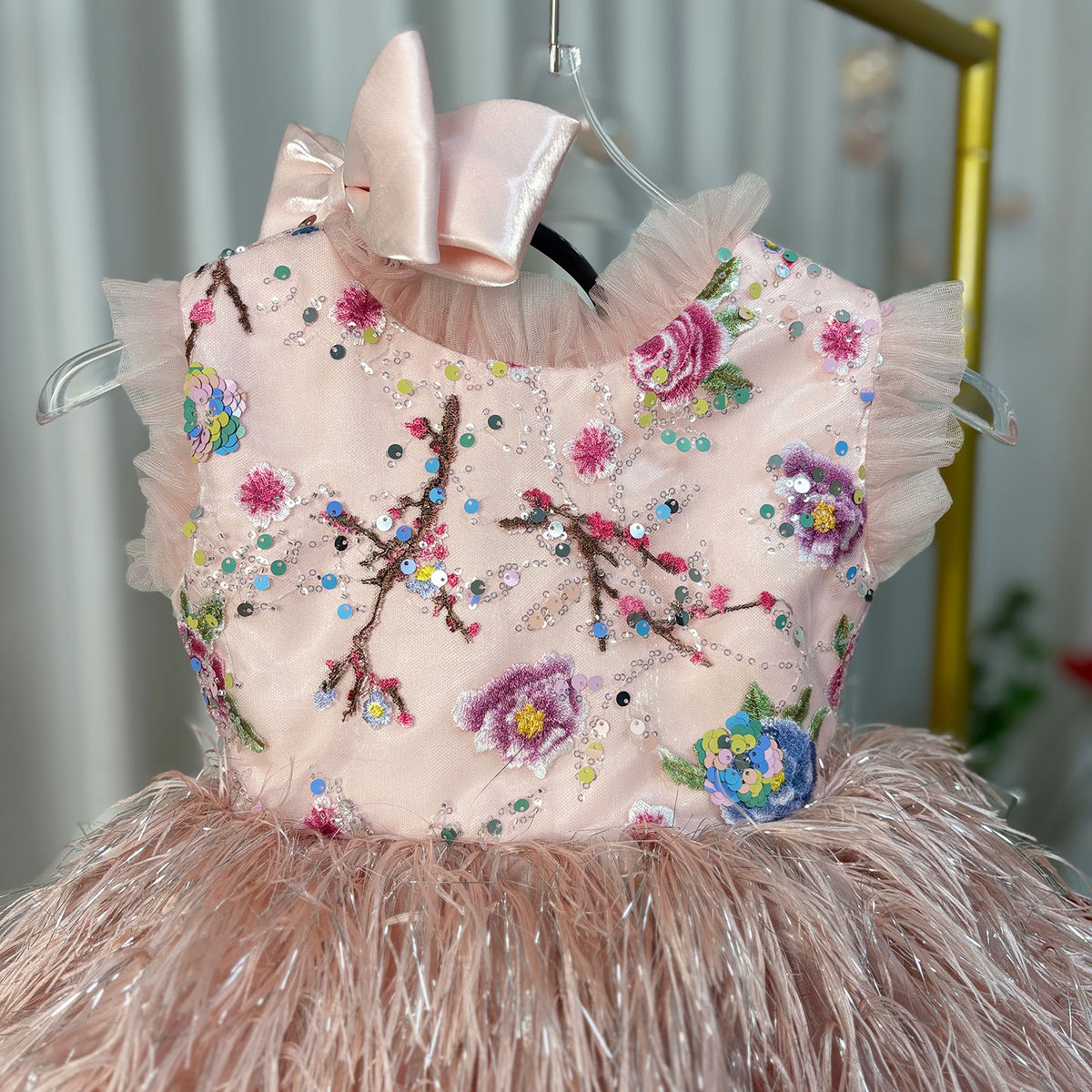 Jill Wish Elegant Pink Lace Feathers Girl Dress Knee Length with Bow J164