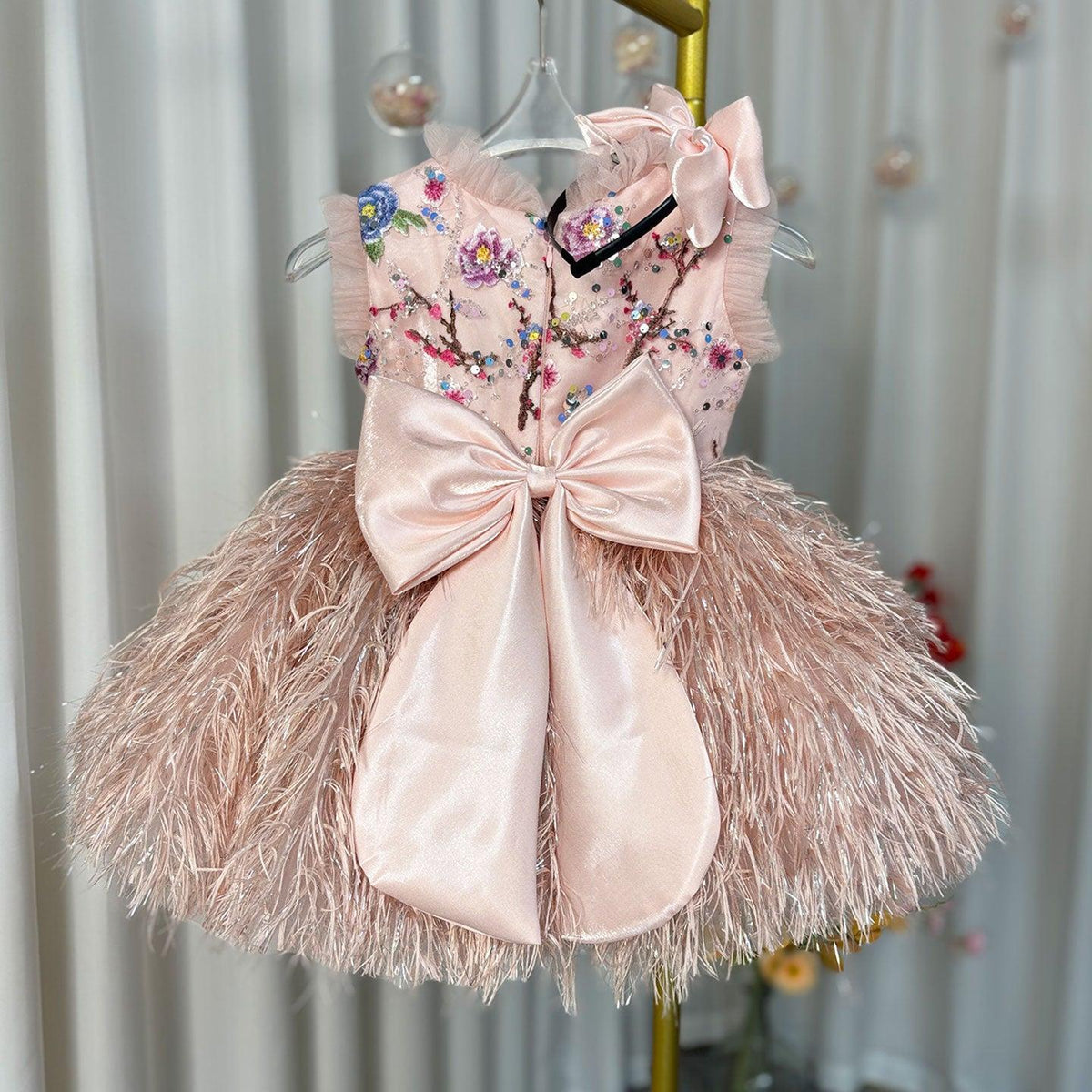 Jill Wish Elegant Pink Lace Feathers Girl Dress Knee Length with Bow J164