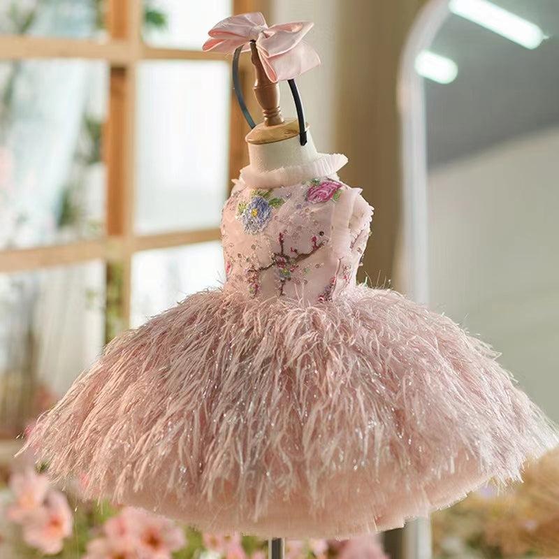 Jill Wish Elegant Pink Lace Feathers Girl Dress Knee Length with Bow J164