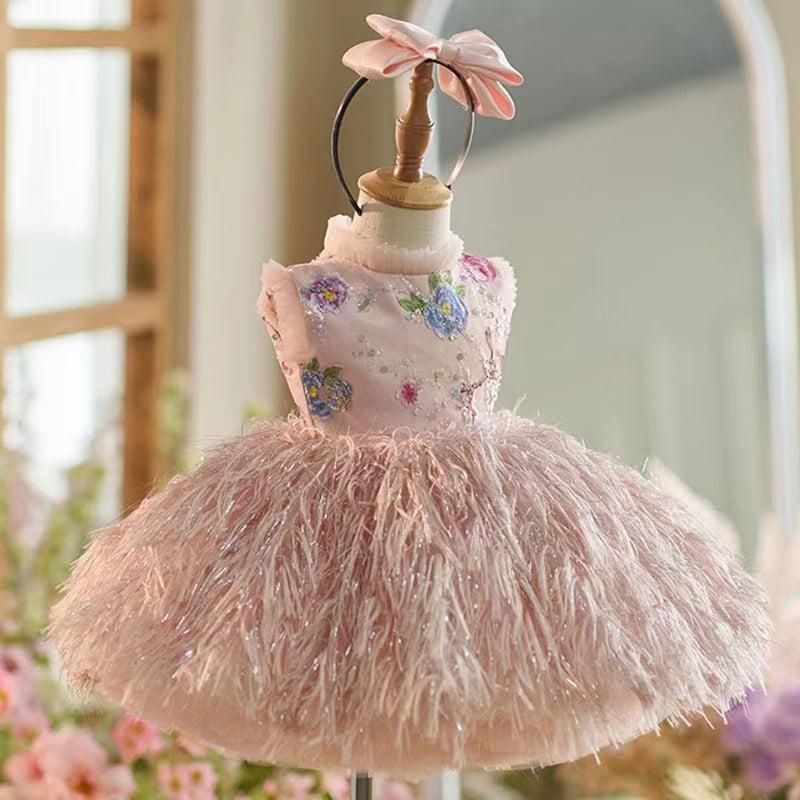 Jill Wish Elegant Pink Lace Feathers Girl Dress Knee Length with Bow J164
