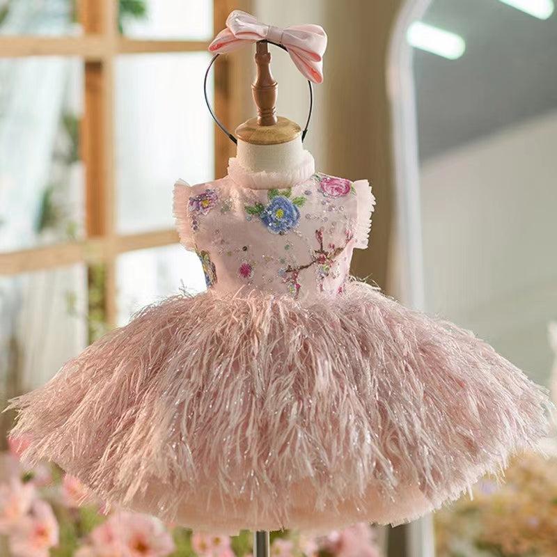 Jill Wish Elegant Pink Lace Feathers Girl Dress Knee Length with Bow J164