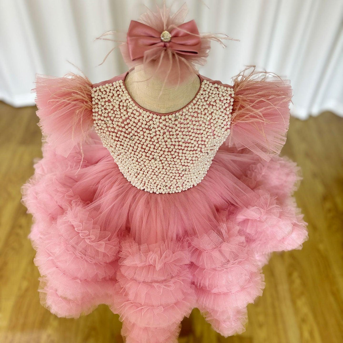 Jill Wish Elegant Pink Pearls Flower Girl Dress Princess Baby Kids J321