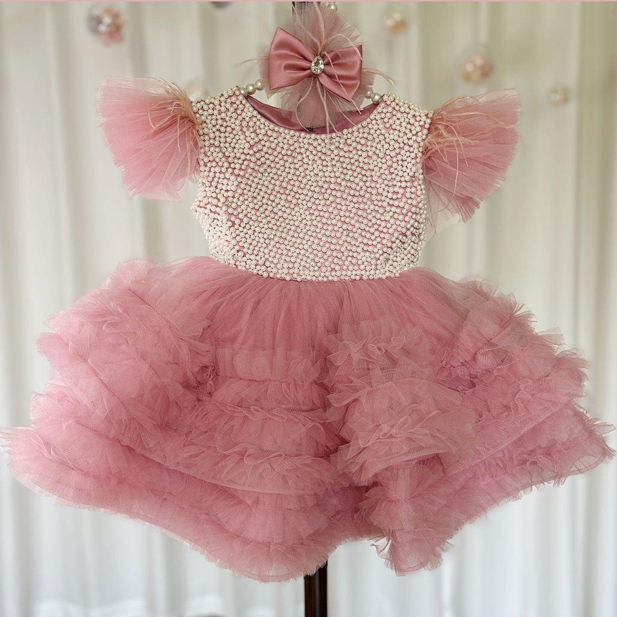 Jill Wish Elegant Pink Pearls Flower Girl Dress Princess Baby Kids J321