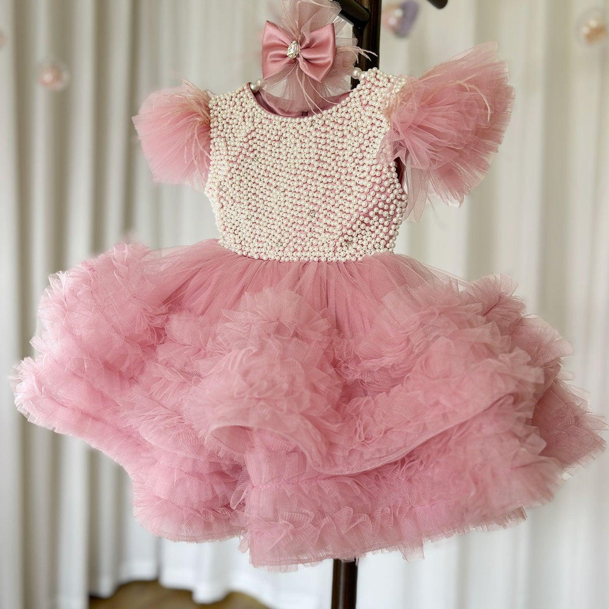 Jill Wish Elegant Pink Pearls Flower Girl Dress Princess Baby Kids J321