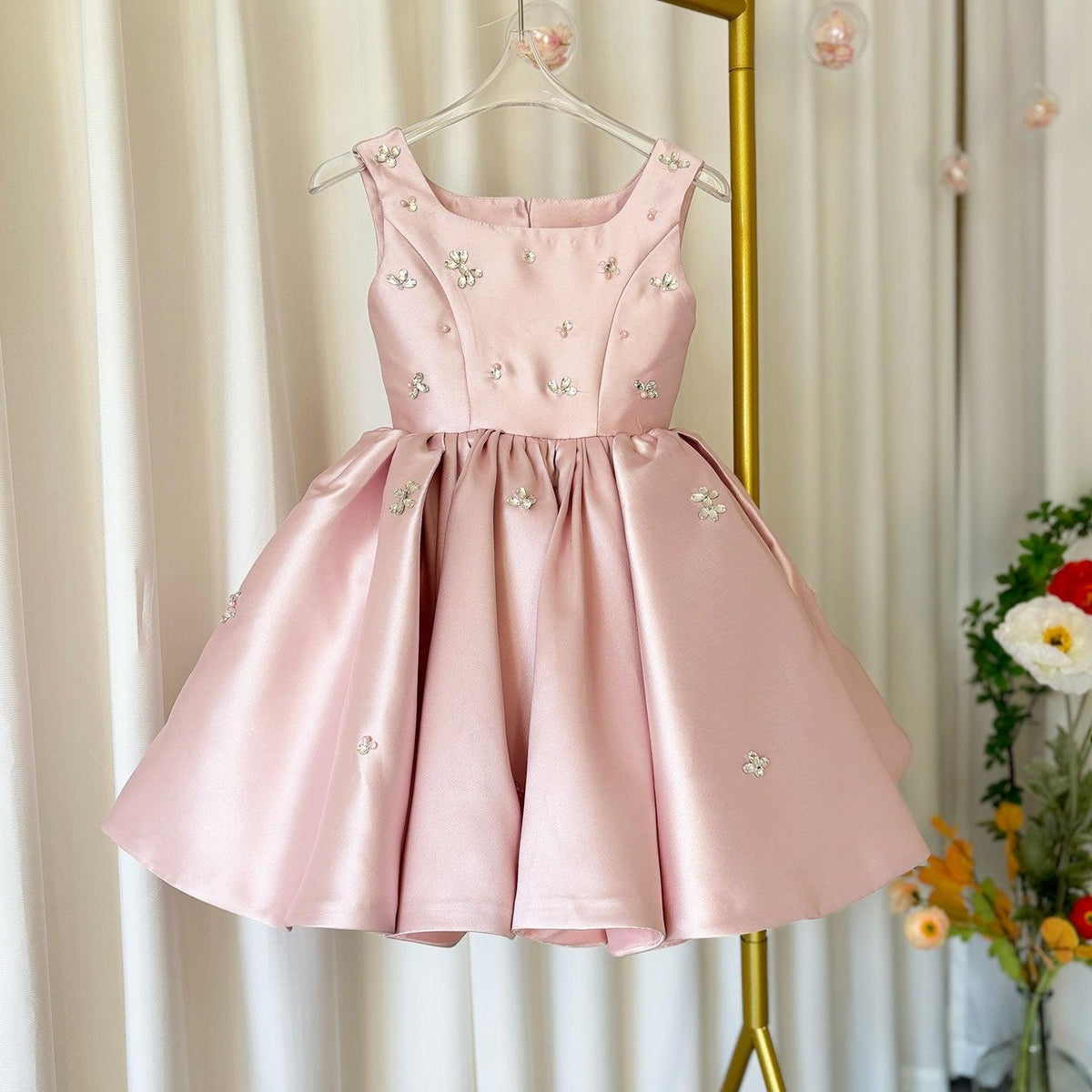 Jill Wish Elegant Pink Satin Girl Dresses Square Collar for Kids Party Gown J145