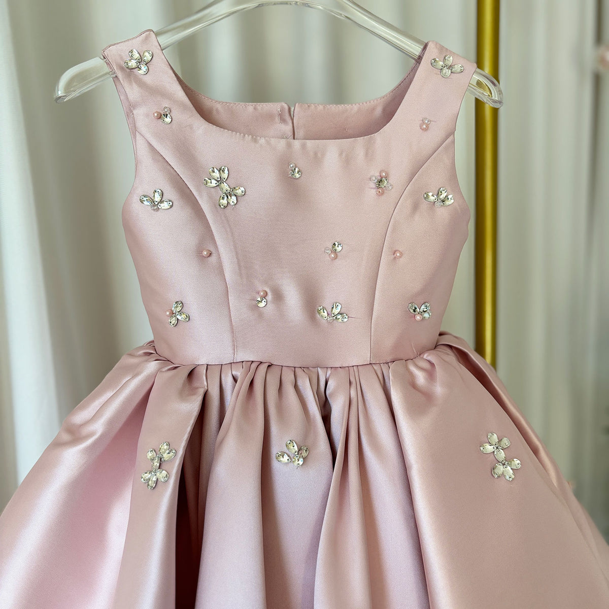 Jill Wish Elegant Pink Satin Girl Dresses Square Collar for Kids Party Gown J145