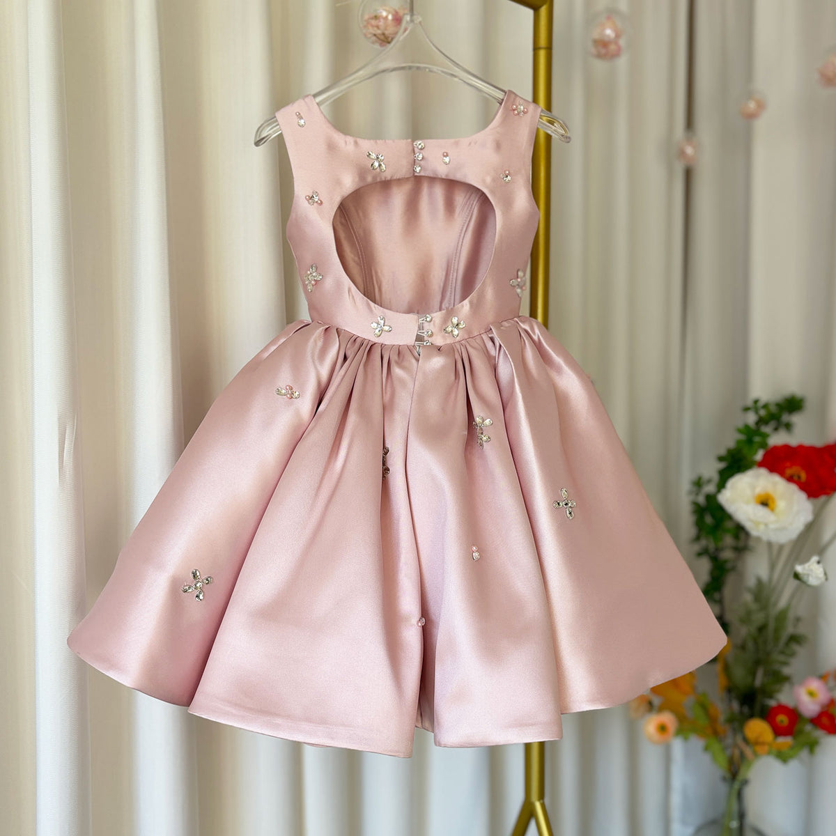 Jill Wish Elegant Pink Satin Girl Dresses Square Collar for Kids Party Gown J145