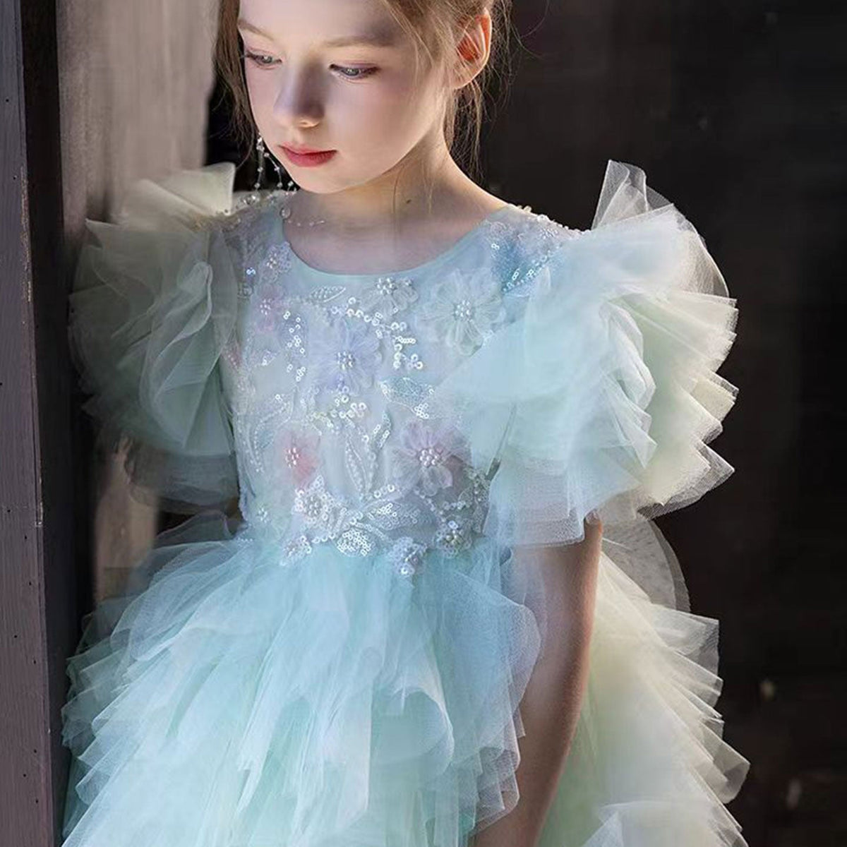 Jill Wish Elegant Sage Green Flower Girl Dress Arabic Princess Kids J077