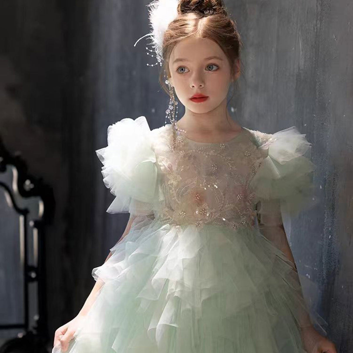 Jill Wish Elegant Sage Green Flower Girl Dress Arabic Princess Kids J077