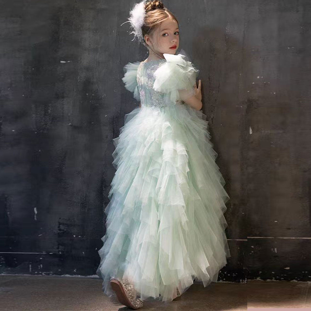Jill Wish Elegant Sage Green Flower Girl Dress Arabic Princess Kids J077