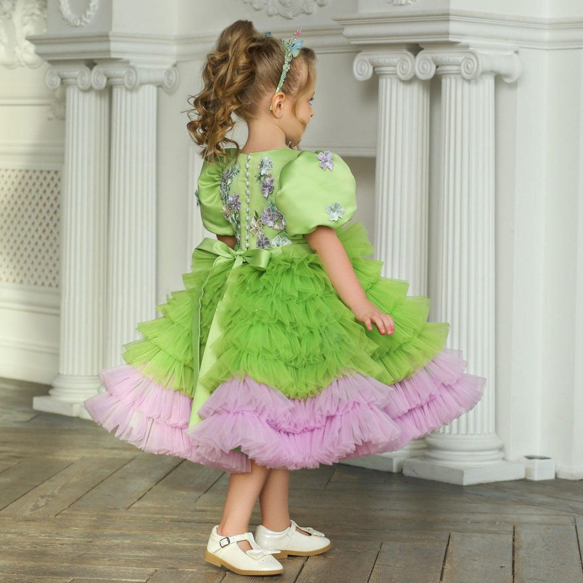 Jill Wish Elegant Sage Green Tulle Girl Dress 3D Flowers knee Length Arabic J174
