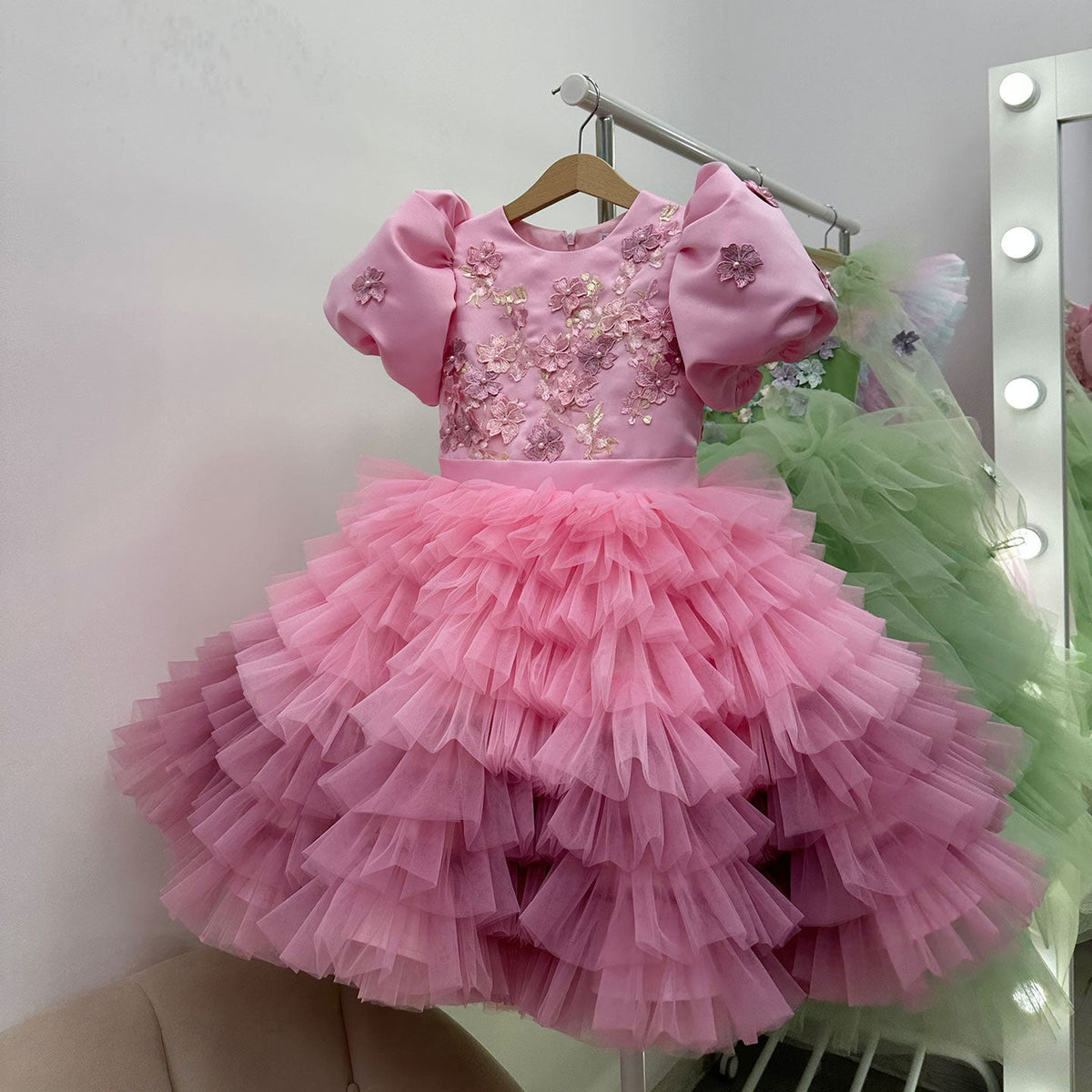 Jill Wish Elegant Sage Green Tulle Girl Dress 3D Flowers knee Length Arabic J174