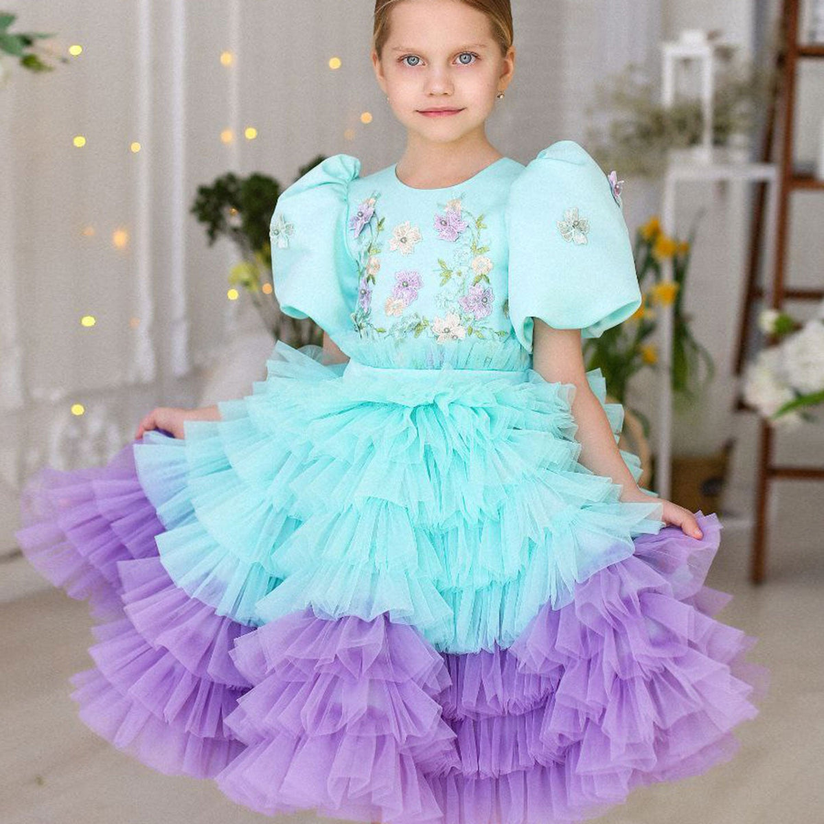 Jill Wish Elegant Sage Green Tulle Girl Dress 3D Flowers knee Length Arabic J174