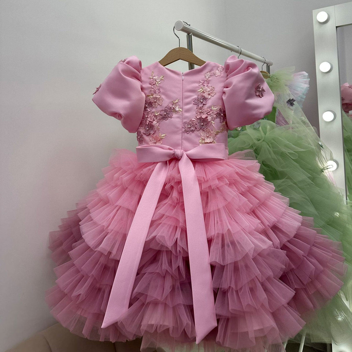 Jill Wish Elegant Sage Green Tulle Girl Dress 3D Flowers knee Length Arabic J174