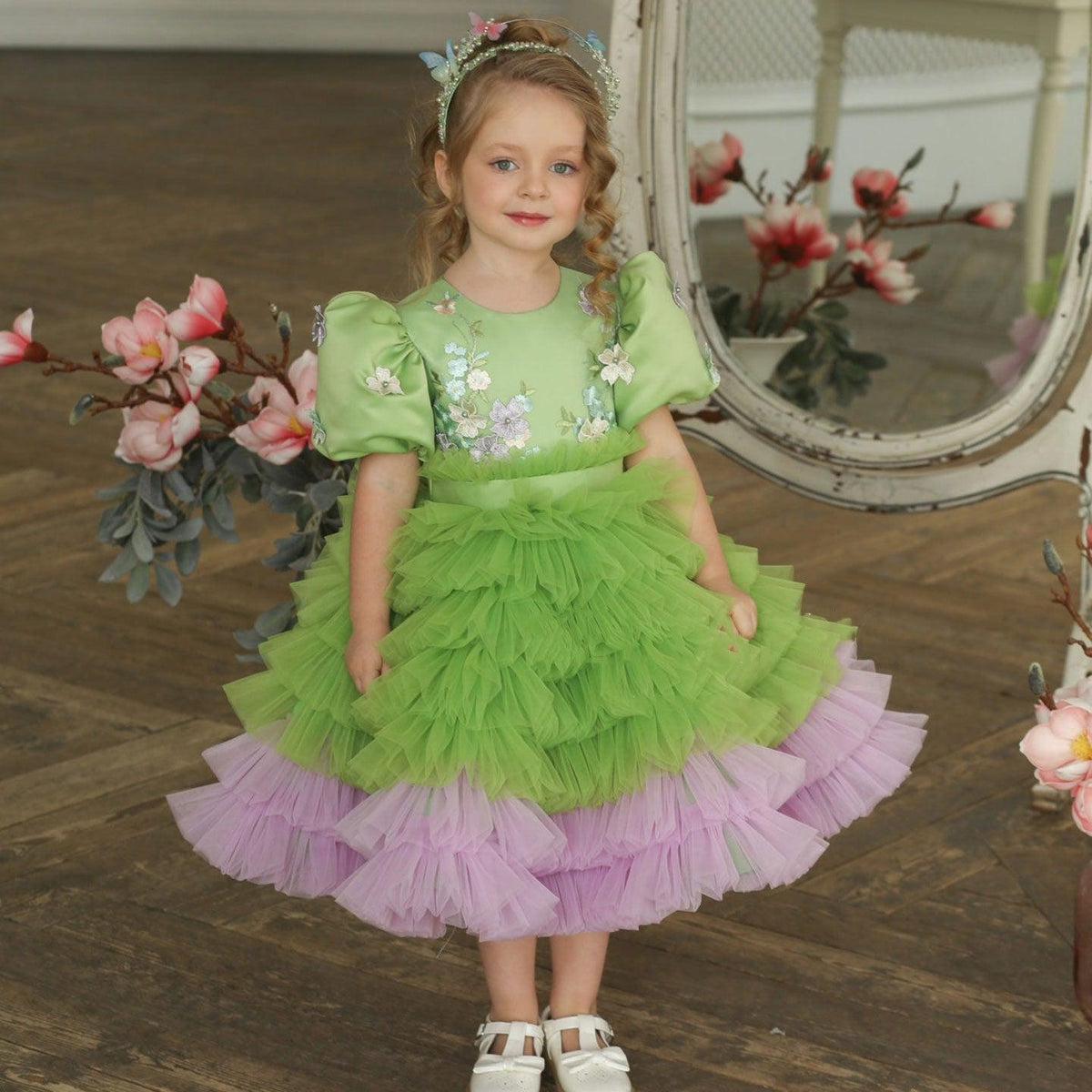 Jill Wish Elegant Sage Green Tulle Girl Dress 3D Flowers knee Length Arabic J174
