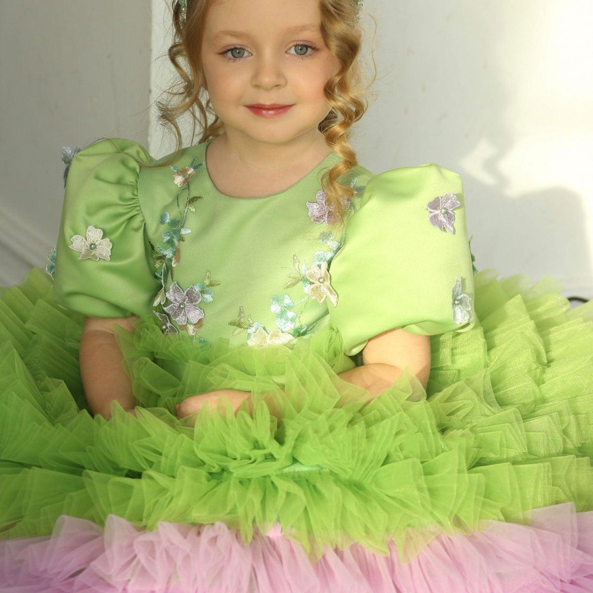 Jill Wish Elegant Sage Green Tulle Girl Dress 3D Flowers knee Length Arabic J174