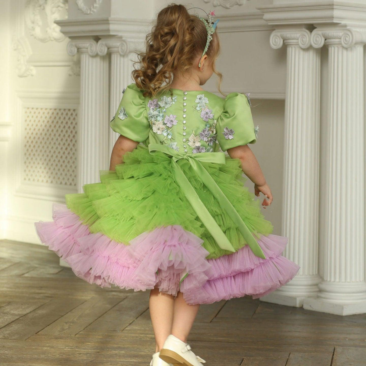 Jill Wish Elegant Sage Green Tulle Girl Dress 3D Flowers knee Length Arabic J174
