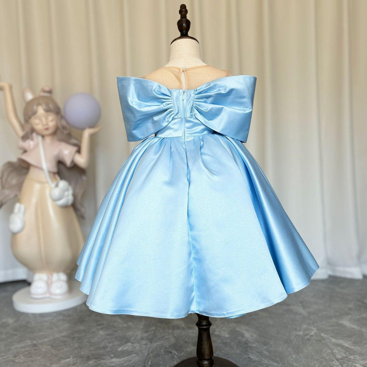 Jill Wish Elegant Satin Beads Flower Girl Dress Blue with Bow Knee Length J181