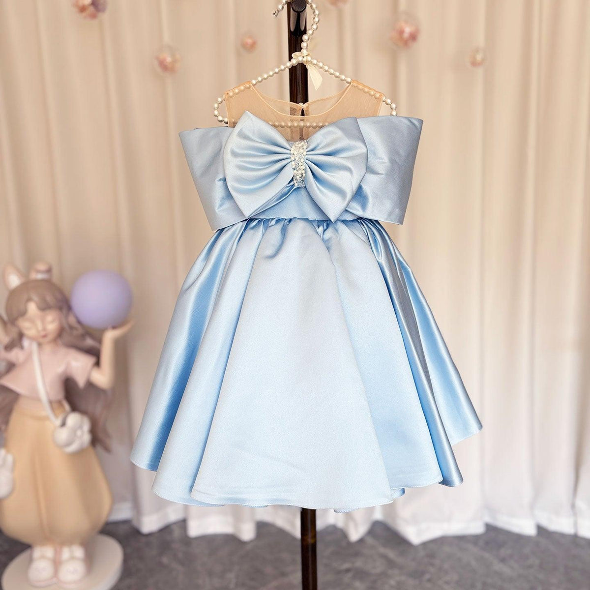 Jill Wish Elegant Satin Beads Flower Girl Dress Blue with Bow Knee Length J181