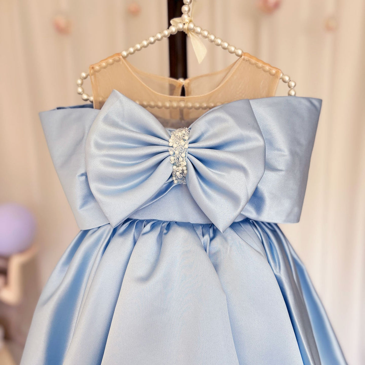 Jill Wish Elegant Satin Beads Flower Girl Dress Blue with Bow Knee Length J181