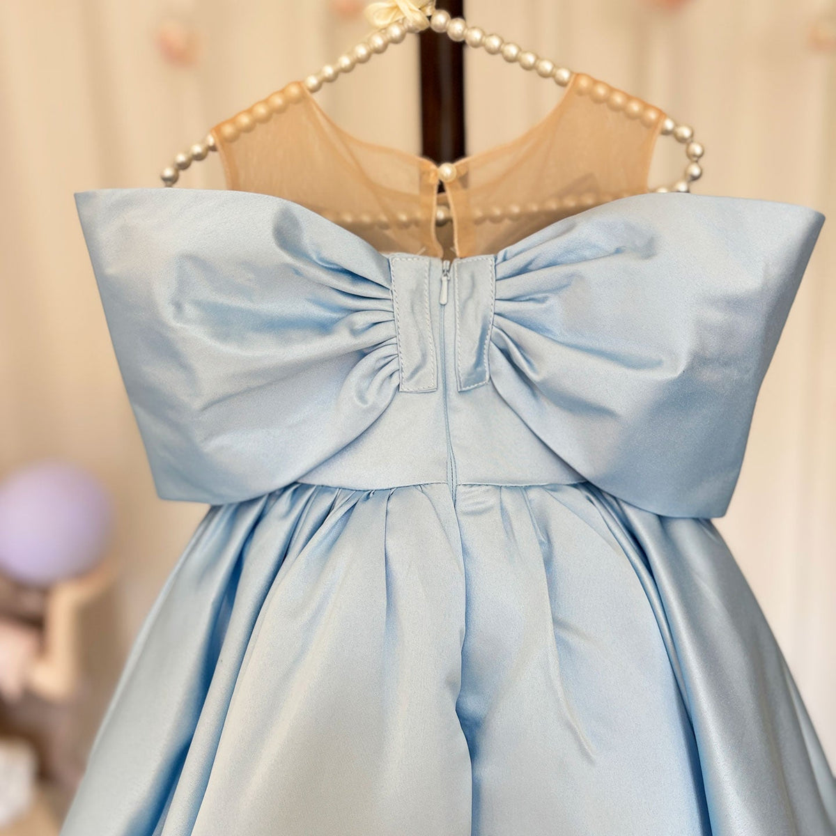 Jill Wish Elegant Satin Beads Flower Girl Dress Blue with Bow Knee Length J181