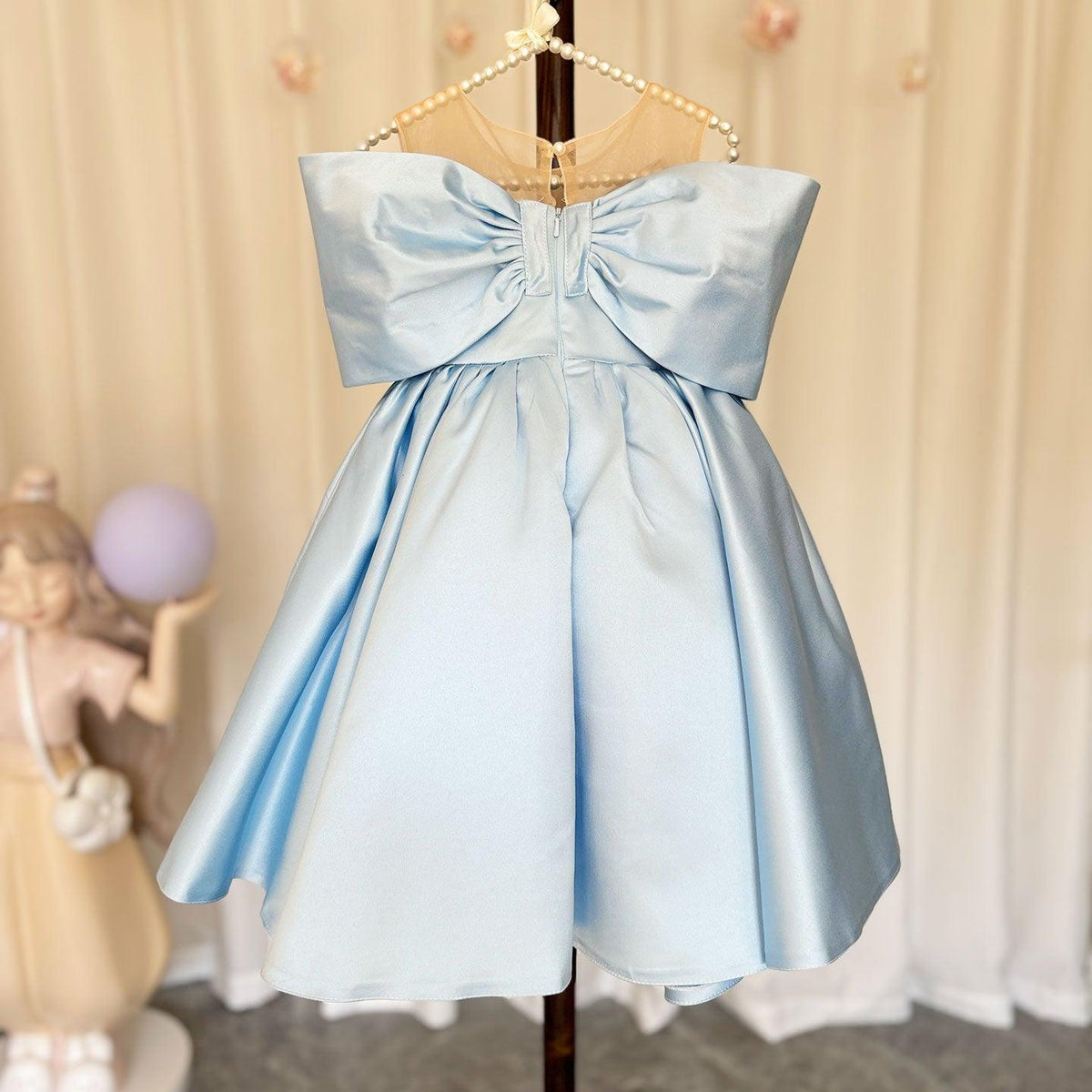 Jill Wish Elegant Satin Beads Flower Girl Dress Blue with Bow Knee Length J181