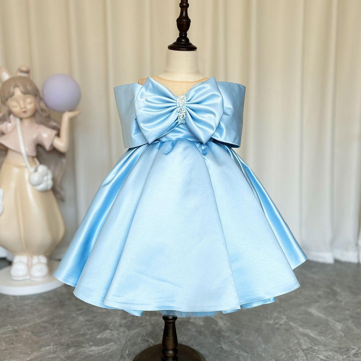 Jill Wish Elegant Satin Beads Flower Girl Dress Blue with Bow Knee Length J181