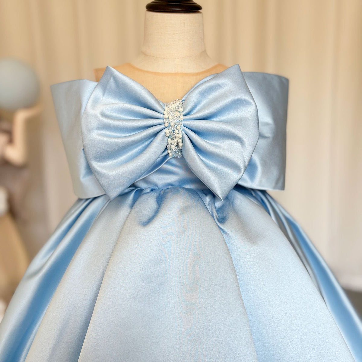 Jill Wish Elegant Satin Beads Flower Girl Dress Blue with Bow Knee Length J181