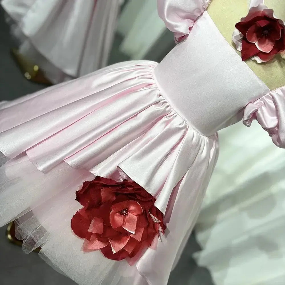 Jill Wish Elegant Square Collar Pink Girl Dress with 3D Flowers Puff Sleeve J339