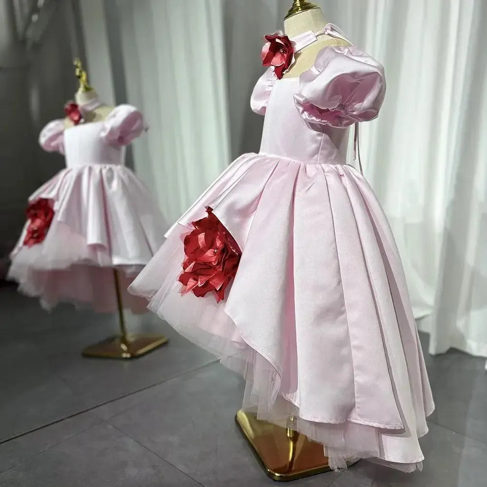 Jill Wish Elegant Square Collar Pink Girl Dress with 3D Flowers Puff Sleeve J339