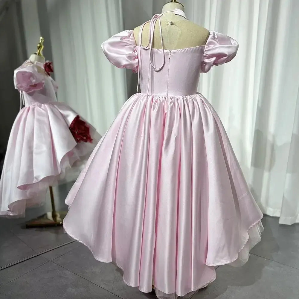 Jill Wish Elegant Square Collar Pink Girl Dress with 3D Flowers Puff Sleeve J339