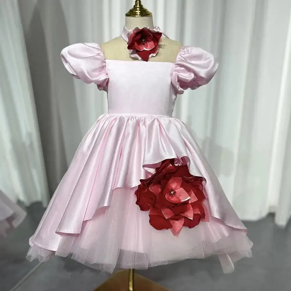 Jill Wish Elegant Square Collar Pink Girl Dress with 3D Flowers Puff Sleeve J339