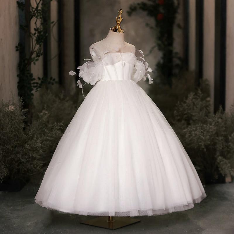 Jill Wish Elegant White Dubai Girl Dress Pearls Feathers Long Ball Prom Gown J149
