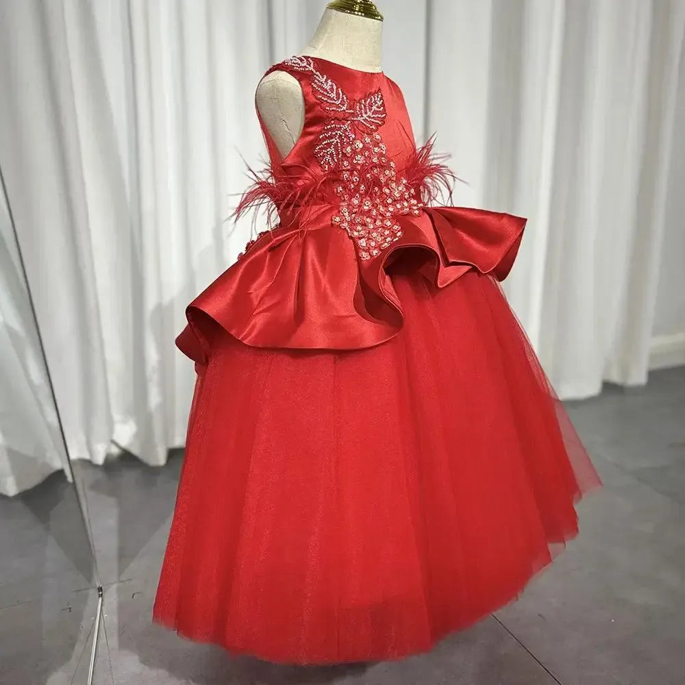 Jill Wish Elegant White Girl Dress Appliques Beading Red Ball Gown J322