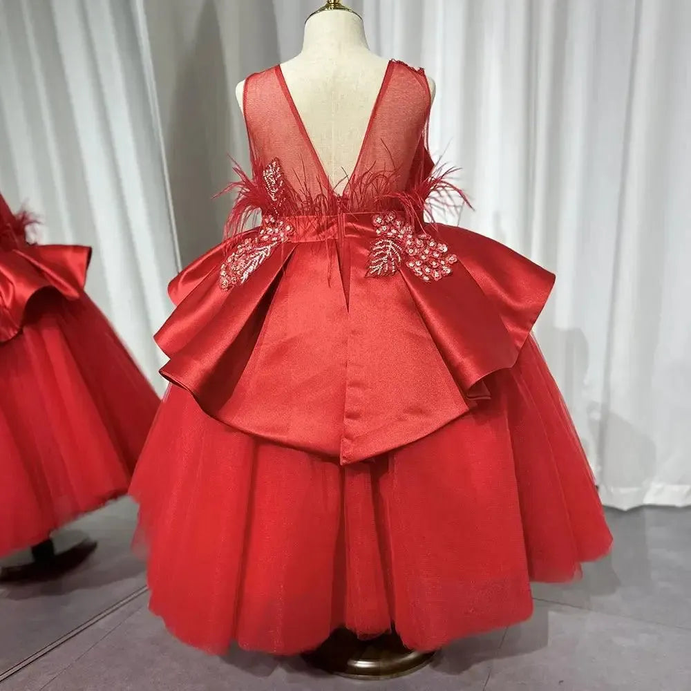 Jill Wish Elegant White Girl Dress Appliques Beading Red Ball Gown J322