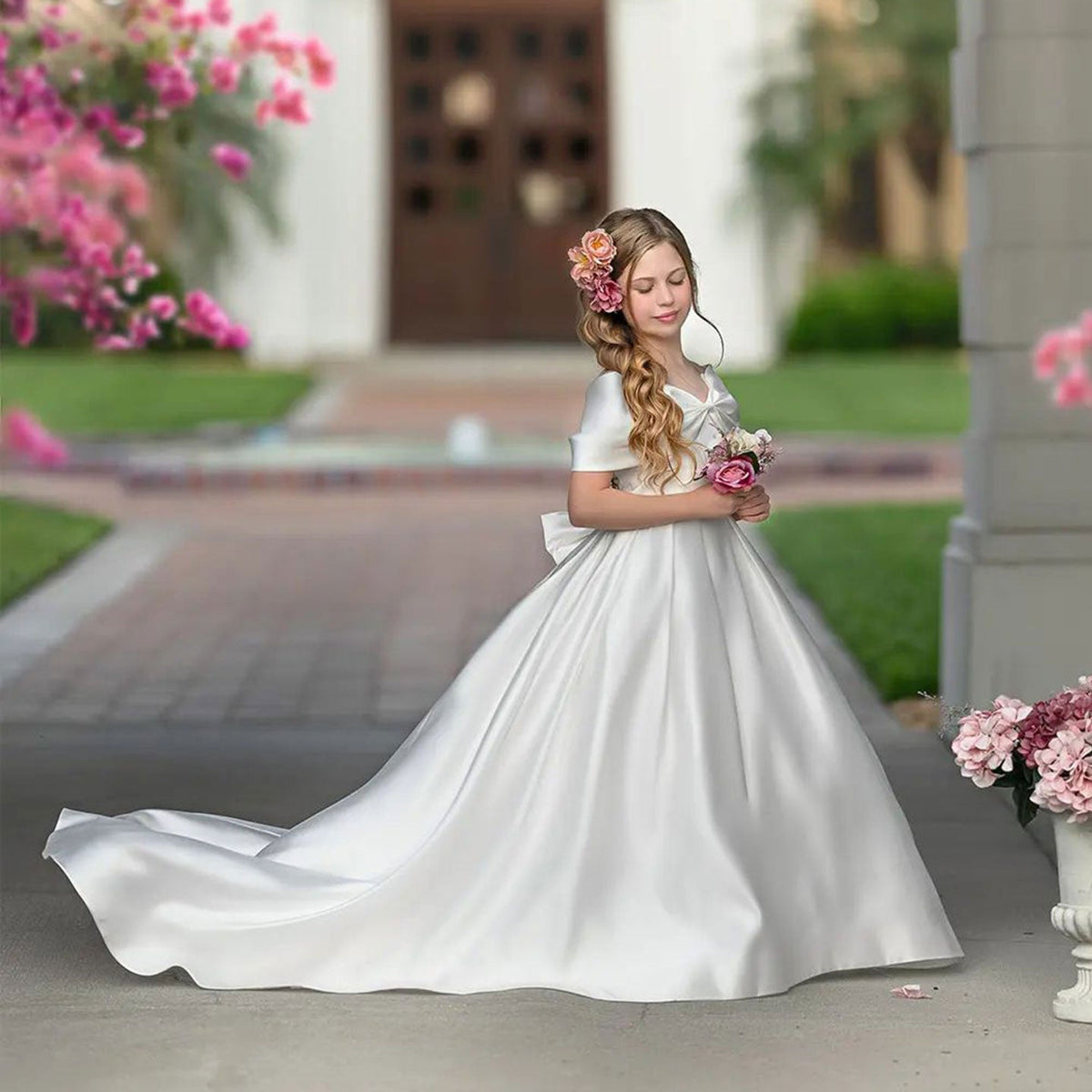 Jill Wish Elegant White Satin Girl Dress for First Communion J019