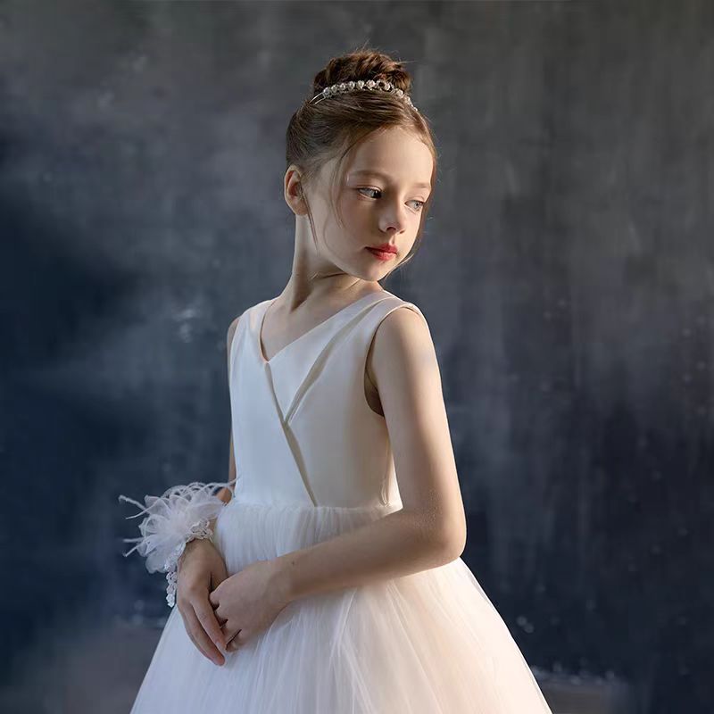 Jill Wish Elegant White V-Neck Girl Dress A-Line Princess Birthday Gown J290